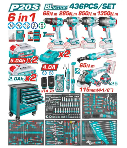 Количка с акумулаторни и ръчни инструменти TOTAL INDUSTRIAL, 436 части