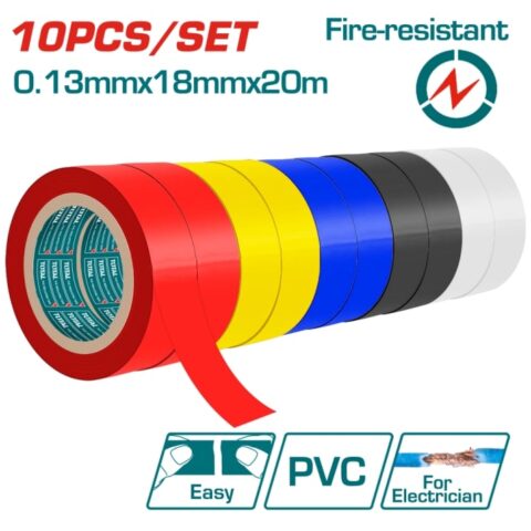 Комплект PVC ленти, различни цветове, TOTAL, 18 мм x 20 м, 10 броя