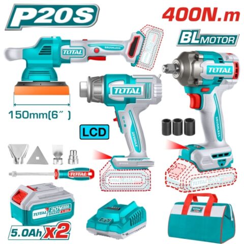 Комплект акумулаторни инструменти TOTAL INDUSTRIAL, 20 V, 2 x 5 Ah