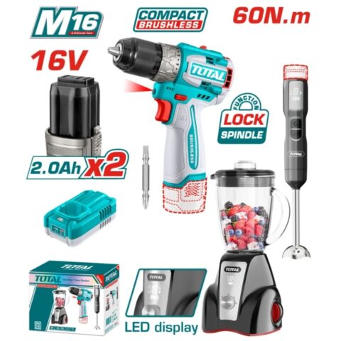 Комплект акумулаторен винтоверт TOTAL, 16 V, 2 x 2Ah + блендер + пасатор