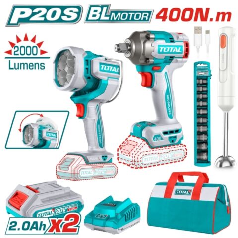 Комплект акумулаторни гайковерт и лампа TOTAL INDUSTRIAL, 20 V, 2 x 2 Ah + пасатор