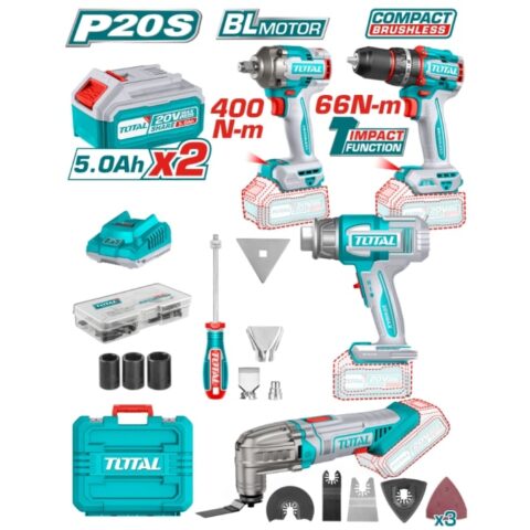 Комплект акумулаторни инструменти TOTAL INDUSTRIAL, 20 V, 2 x 5 Ah