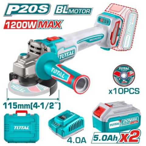 Акумулаторен безчетков ъглошлайф TOTAL TAGLI2211532E, Ø 115 мм, 20 V, 2 x 5 Ah