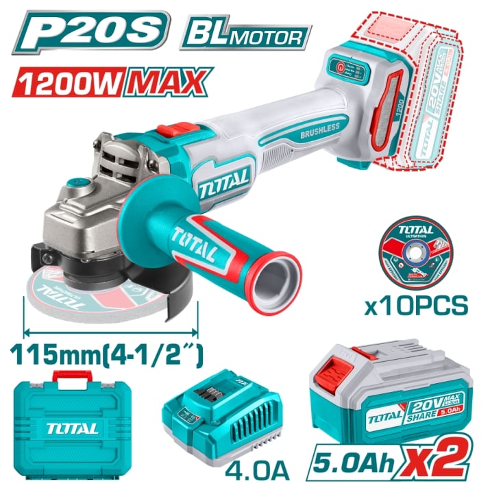 Акумулаторен безчетков ъглошлайф TOTAL TAGLI2211532E, Ø 115 мм, 20 V, 2 x 5 Ah