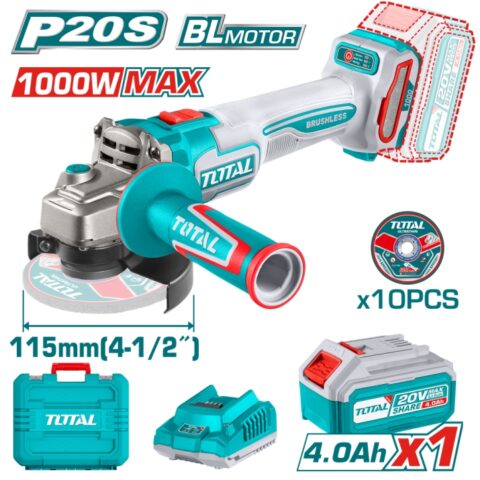 Акумулаторен безчетков ъглошлайф TOTAL TAGLI27153, Ø 115 мм, 20 V, 1 x 4 Ah