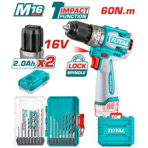 Акумулаторен безчетков ударен винтоверт TOTAL Industrial, 16 V, 2 x 2 Ah Li-Ion, 60 Nm + свредла
