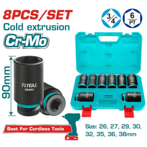 Комплект удължени шестостенни ударни вложки TOTAL, CrMo, 3/4", 8 части