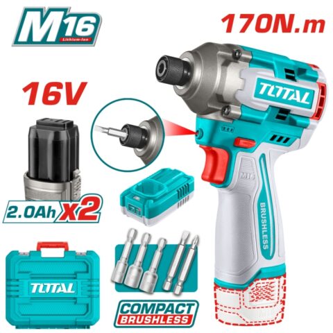 Акумулаторен ударен винтоверт TOTAL INDUSTRIAL, 16 V, 2 x 2 Ah, 170 Nm
