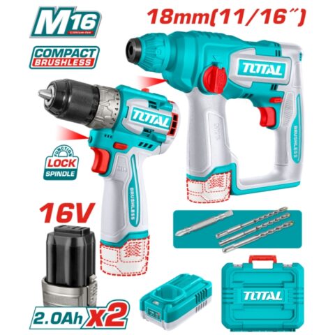 Комплект акумулаторни перфоратор и винтоверт TOTAL INDUSTRIAL, 16 V, 2 x 2 Ah