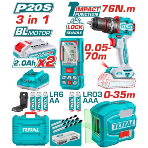 Комплект акумулаторен винтоверт, лазерни ролетка и нивелир TOTAL, 20 V, 2 x 2 Ah