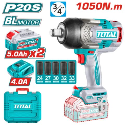 Акумулаторен ударен безчетков гайковерт TOTAL INDUSTRIAL, 3/4", 20 V, 1050 Nm, 2 x 5 Ah