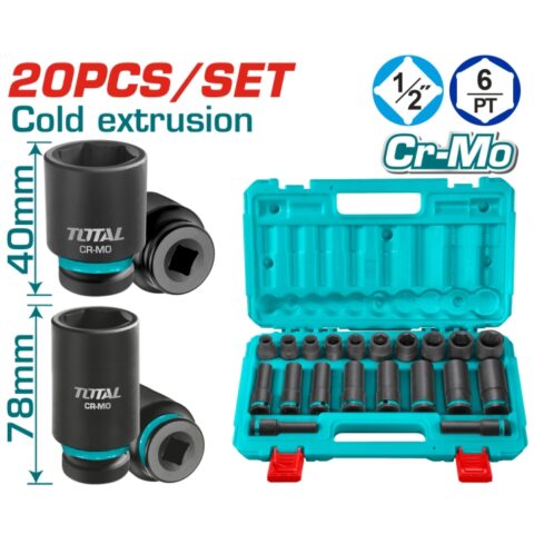 Комплект шестостенни ударни вложки TOTAL INDUSTRIAL, 1/2", 20 части