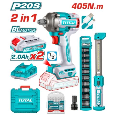 Комплект акумулаторен ударен гайковерт и работна лампа TOTAL, 20 V, 2 x 2 Ah