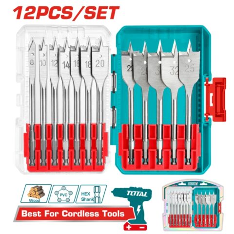 Комплект плоски свредла за дърво TOTAL Industrial, 12 броя, 1/4", Ø 8 - 32 mm