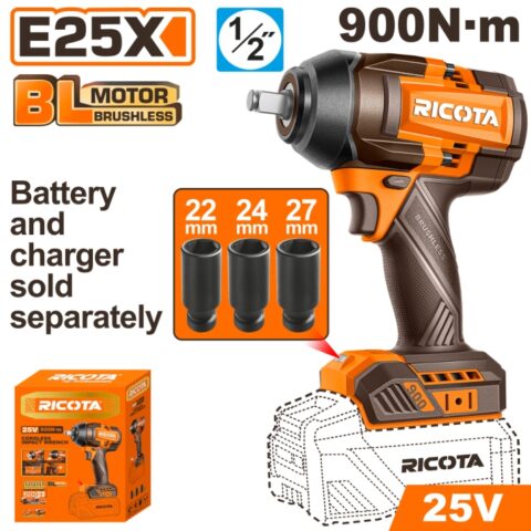 Акумулаторен ударен безчетков гайковерт RICOTA, 1/2", 25 V, 900 Nm, без батерия