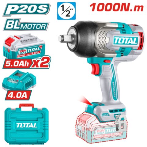 Акумулаторен ударен безчетков гайковерт TOTAL INDUSTRIAL, 1/2", 20 V, 1000 Nm, 2 x 5.0 Ah