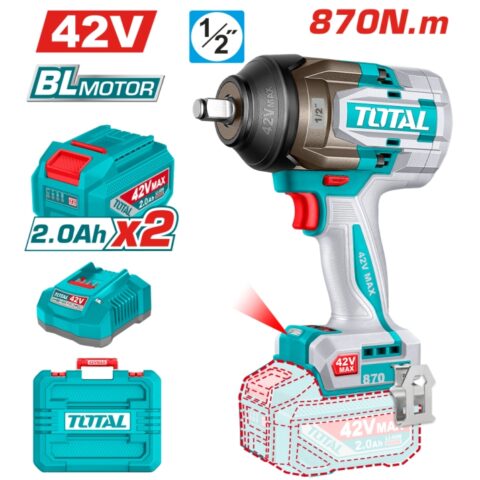 Акумулаторен ударен безчетков гайковерт TOTAL INDUSTRIAL, 1/2", 42 V, 870 Nm, 2 х 2.0 Ah
