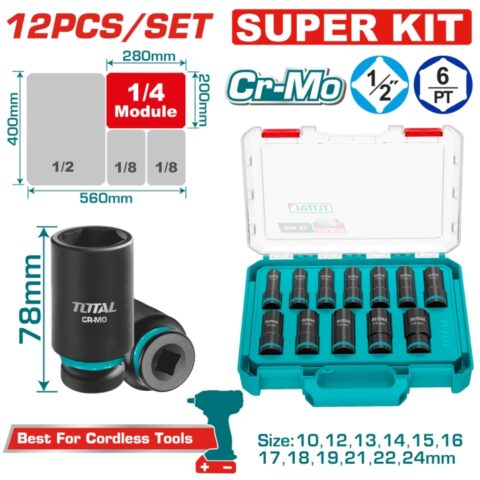 Комплект удължени шестостенни ударни вложки TOTAL, CrMo, 1/2", 12 части