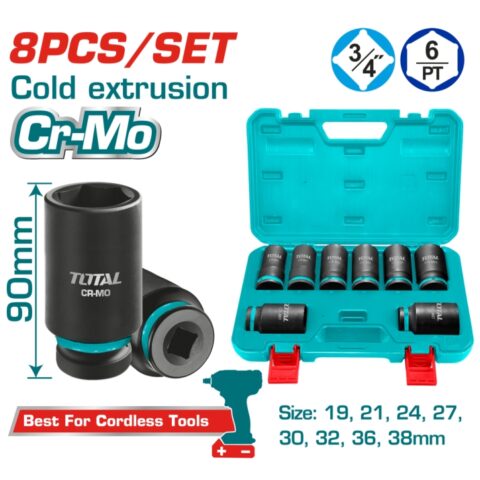 Комплект удължени шестостенни ударни вложки TOTAL, CrMo, 3/4", 8 части