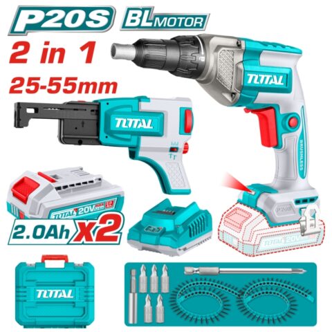 Акумулаторен винтоверт за гипсокартон с пълнител TOTAL INDUSTRIAL, 20 V, 2 x 2 Ah